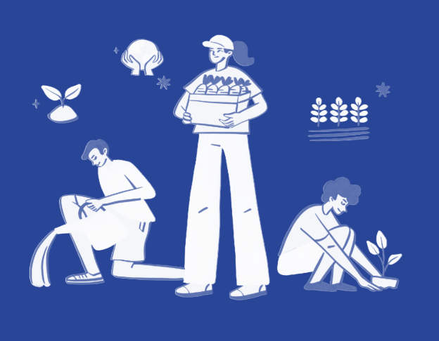 Illustration of people planting trees and caring for the environment